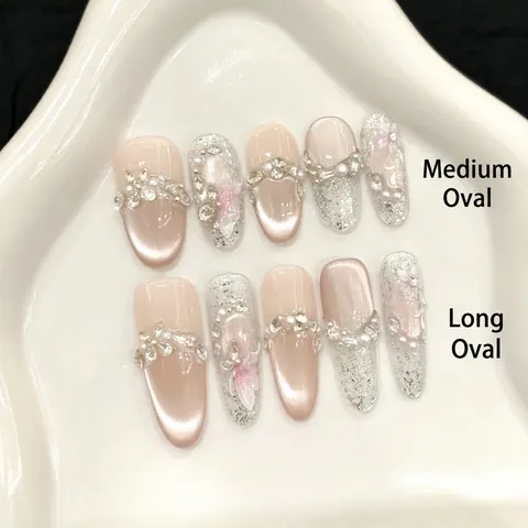 Unghie Finte a Pressione Fatte a Mano Rosa Occhio di Gatto Con Fiori 3D Perle Artificiali Strass Stile Soft Girl Ovale Medio Lungo