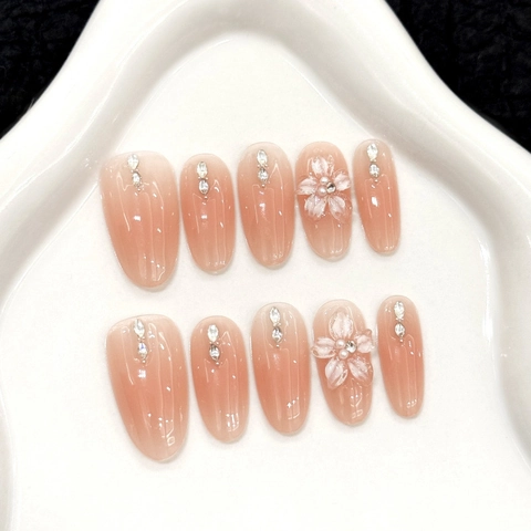 Uñas Postizas a Presión 3D Flores de Cerezo Hechas a Mano Rosa Nude Degradado Con Strass y Perlas Artificiales para Boda Fiesta Mujer