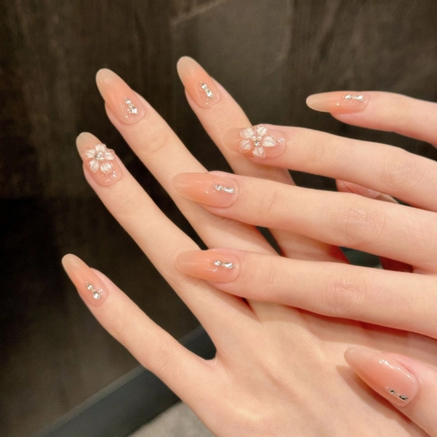 Uñas Postizas a Presión 3D Flores de Cerezo Hechas a Mano Rosa Nude Degradado Con Strass y Perlas Artificiales para Boda Fiesta Mujer