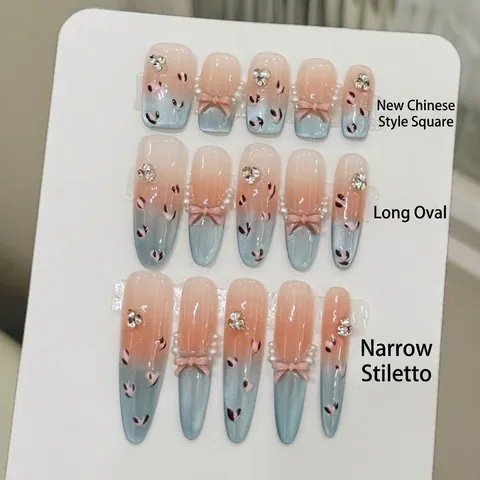 Unghie Finte Blu Occhio di Gatto Maculato Fiocco Fatto a Mano Francese Blush Sfumato Quadrato Ovale Stiletto per Donna
