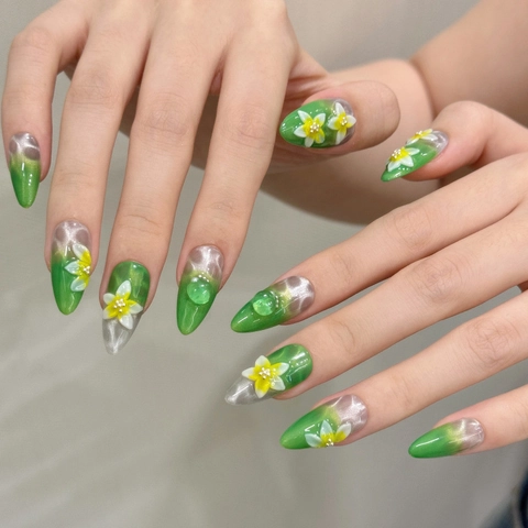 Unghie Finte Fatte a Mano Occhio di Gatto Verde con Fiori in Rilievo a Mandorla Gel Decorazione con Perle Artificiali per Donna