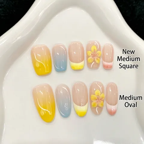 Unghie Finte 3D Macaron Estive con Fiori Scolpiti a Mano Sfumate per Donna Unghie Artificiali Quadrate e Ovali