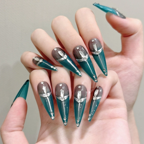 Handmade Cyberpunk Mechanical Style Press On Nails Long Stiletto Gradient Teal Blue Grey Rhinestone Luxury False Nails