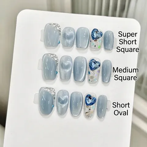 Grijsblauw Kattenoog Press On Nagels Hart Strass Handgemaakt Kort Doodskist Vierkant Ovaal Glitter Manicure Voor Vrouwen