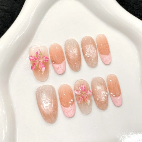 Unghie Finte a Pressione Artigianali Fiori 3D Rosa Francese Pesca Sfumato Pizzo Künstliche Perle Eleganti Ovali Lunghe Riutilizzabili