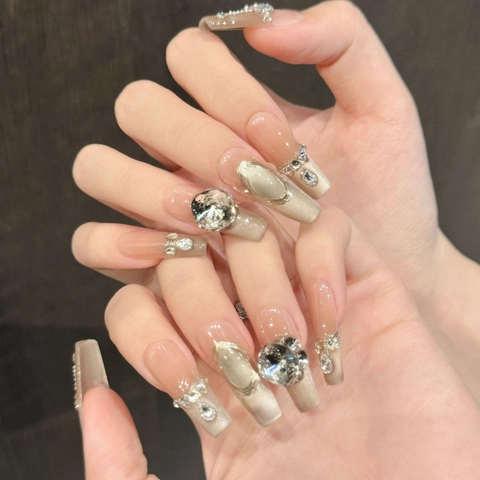 Handgemaakte Kattenoog Plaknagels Luxe Strass Kunstparel Lange Coffin Stiletto Kunstnagels Met Gelei Lijm Tool Kit Vrouwen