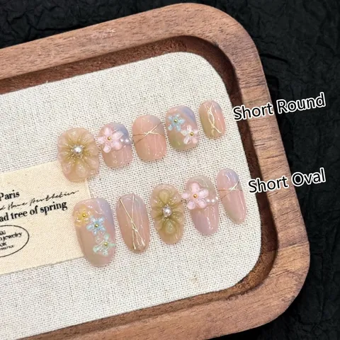 Uñas Postizas a Presión Japonesas Hechas a Mano Flores en Relieve 3D Degradado Rosa Azul Perla Artificial Hilo Dorado Corto Redondo Ovalado Uñas Dulces