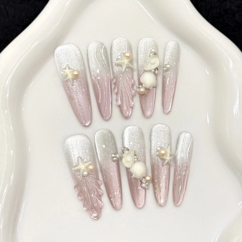 Unghie a Pressione 3D a Forma di Stella Marina e Conchiglia Pink Beach Fatte a Mano Occhio di Gatto Lunghe Unghie Finte Stiletto