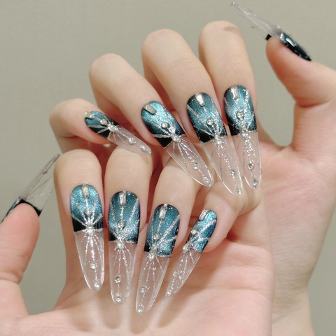 Uñas Postizas Hechas a Mano Stiletto Largo Ojo de Gato Con Strass Purpurina Plateada Degradado Azul Verde Lujo