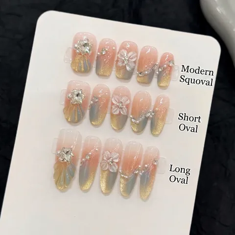 Uñas Postizas a Presión de Ojo de Gato Hechas a Mano Con Flor 3D Perla Artificial Diamantes de Imitación para Mujer