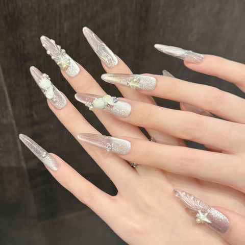 Unghie a Pressione 3D a Forma di Stella Marina e Conchiglia Pink Beach Fatte a Mano Occhio di Gatto Lunghe Unghie Finte Stiletto