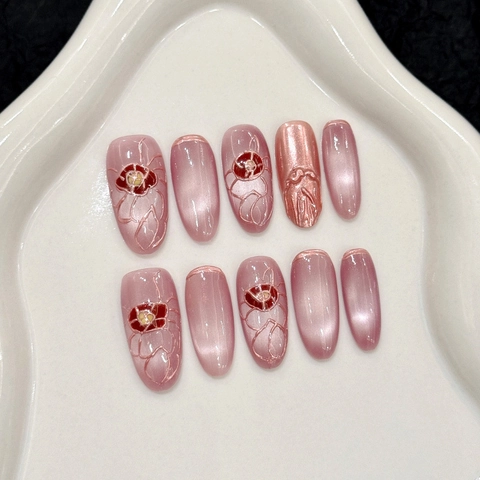 Uñas Postizas de Ojo de Gato Hechas a Mano Degradado Rosa Púrpura Camelia en Relieve Uñas Artificiales Mujer Boda
