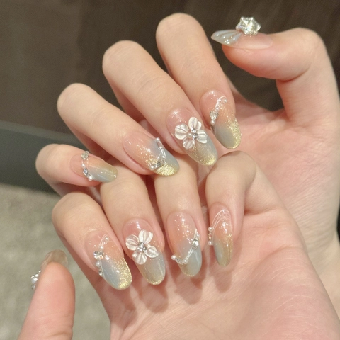 Uñas Postizas a Presión de Ojo de Gato Hechas a Mano Con Flor 3D Perla Artificial Diamantes de Imitación para Mujer