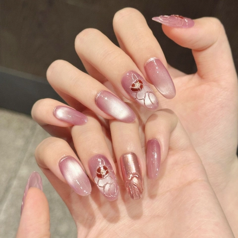Uñas Postizas de Ojo de Gato Hechas a Mano Degradado Rosa Púrpura Camelia en Relieve Uñas Artificiales Mujer Boda