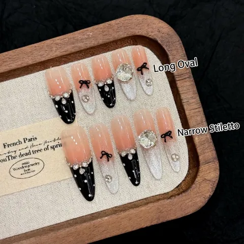 Uñas Postizas a Presión Stiletto Largas Hechas a Mano Rosa Negro Lazo Rhinestone Perla Artificial Lunares Arte de Uñas Dulce y Genial