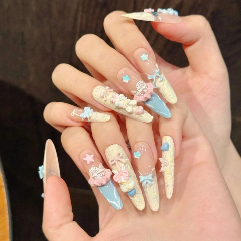 Handgefertigte 3D Schleife Stern Herz Künstliche Nägel Zum Aufkleben Süße Lange Stiletto Nägel Mehrfarbig Hase Maniküre Kunst Für Damen