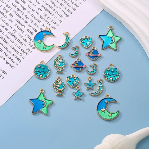 Blue Starry Sky Celestial Alloy Enamel Pendant Moon Star Earth DIY Jewelry Making Accessory For Bracelet Necklace Earrings Charms