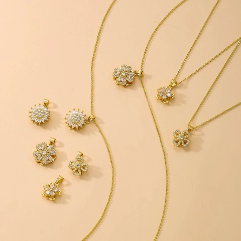 Luxury Rotating Double Layer Copper Gold Plated Flower Pendant Rhinestone Inlaid Four Leaf Clover DIY Jewelry Accessories