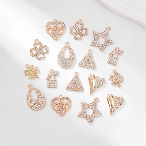 Dijes Colgantes DIY De Aleación Con Strass Formas Corazón Estrella Trébol Elegantes Accesorios De Creación De Joyas Chapados En Oro