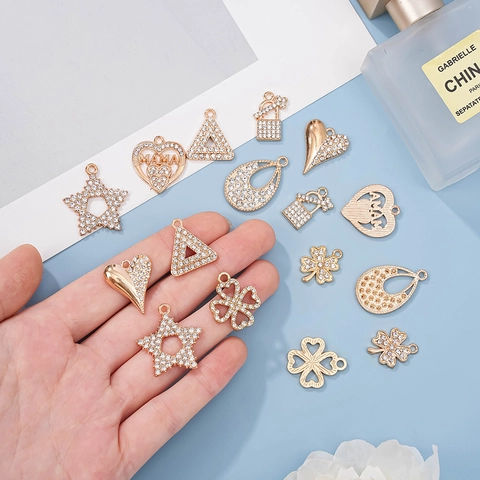 Dijes Colgantes DIY De Aleación Con Strass Formas Corazón Estrella Trébol Elegantes Accesorios De Creación De Joyas Chapados En Oro