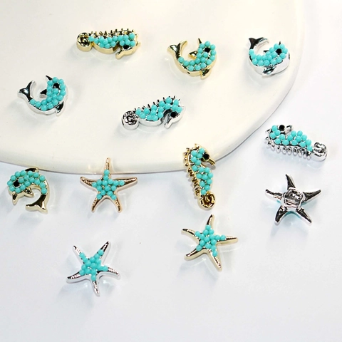 Ocean Theme Alloy Marine Pendant With Synthetic Turquoise Starfish Seahorse Dolphin Charms For DIY Jewelry Making Crafts