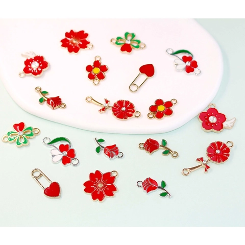 Alloy Red Enamel Flower Charms Rose Cherry Blossom Heart Pendants For DIY Jewelry Making Earrings Bracelet Craft Supplies