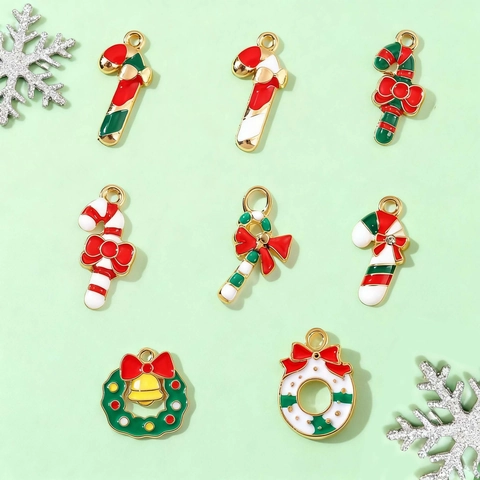 Christmas Alloy Enamel Candy Cane Wreath Pendants For DIY Jewelry Making Necklaces Earrings Bracelets Accessories Festive Charms