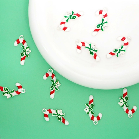 Christmas Candy Cane Charm Alloy Enamel Pendant Red White Green Bow DIY Jewelry Accessories For Earrings Necklace Bracelet