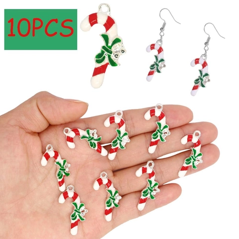 Christmas Candy Cane Charm Alloy Enamel Pendant Red White Green Bow DIY Jewelry Accessories For Earrings Necklace Bracelet