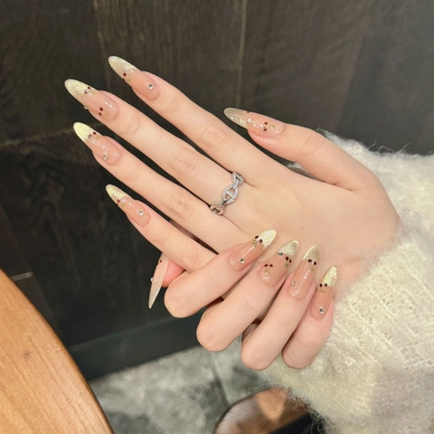 Uñas Postizas a Presión Hechas a Mano Degradado Francés Oro Patrón Cereza Roja Strass Almendra Coffin Para Mujer