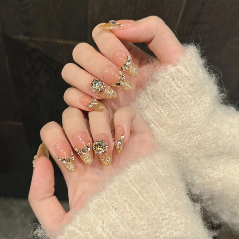 Handgefertigte Champagner Rose Strass Künstliche Fingernägel Farbverlauf Glitzer Mandel Falsche Nägel Luxus Maniküre Damen