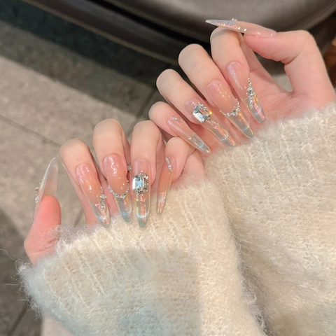 Handmade Cat Eye Press On Nails Long Almond Gradient Pink Blue Luxury Rhinestone Artificial Pearls Reusable Fake Nails For Women