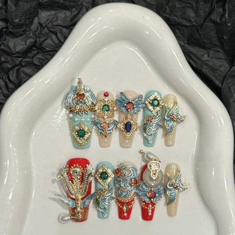 Handgefertigte Nägel Zum Aufdrücken Im Chinesischen Stil Drache Und Phönix Luxus Langes Trapez Brauthochzeit Harz Schmuck Strass Kunstnägel