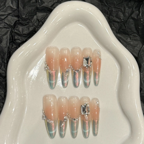 Handmade Cat Eye Press On Nails Long Almond Gradient Pink Blue Luxury Rhinestone Artificial Pearls Reusable Fake Nails For Women