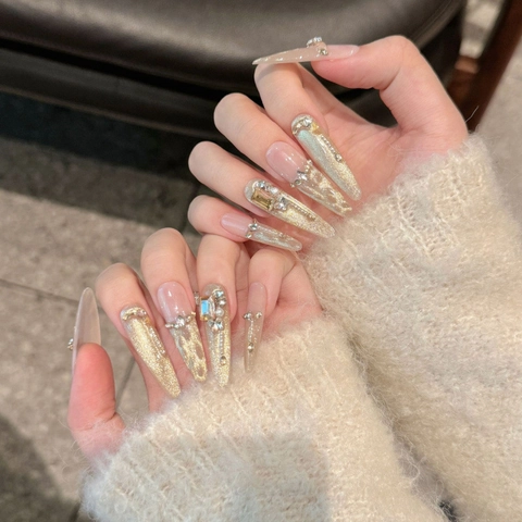 Uñas Postizas Hechas a Mano de Lujo Ojo de Gato Largas Stiletto Ataúd Ovaladas Oro Strass Perla Artificial Manicura Francesa para Mujer