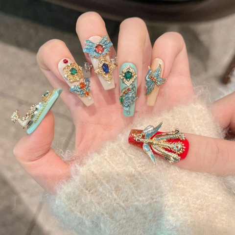 Handgefertigte Nägel Zum Aufdrücken Im Chinesischen Stil Drache Und Phönix Luxus Langes Trapez Brauthochzeit Harz Schmuck Strass Kunstnägel
