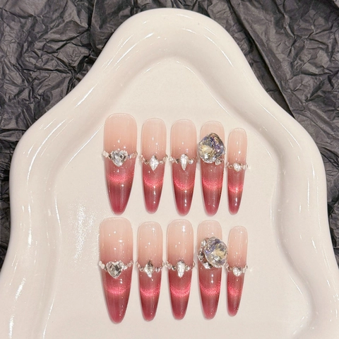 Handgefertigte Katzenaugen Kunstnagel Rot Verlauf Luxus Strass Stern Design Mandel Stiletto Form Wiederverwendbare Fake Nagel Set