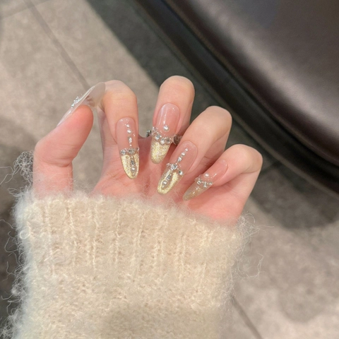 Handmade Press-on Nails With Cat Eye Artificial Pearl Decor Nude Pink Gold False Nails For Women Party Wedding