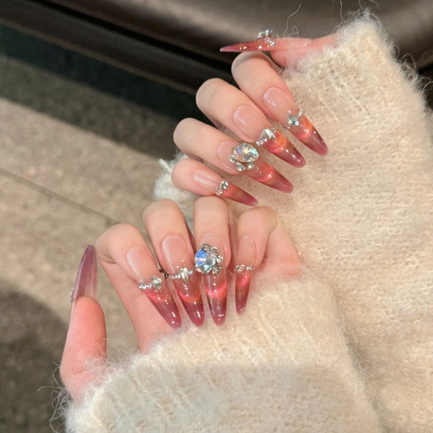 Handgefertigte Katzenaugen Kunstnagel Rot Verlauf Luxus Strass Stern Design Mandel Stiletto Form Wiederverwendbare Fake Nagel Set