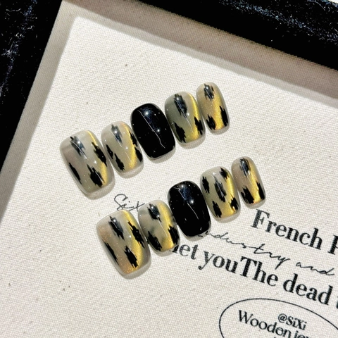 Handmade Cat Eye Press On Nails Short Square Round Black Gold Ombre Leopard Four-pointed Star Pattern Fake Nails For Women