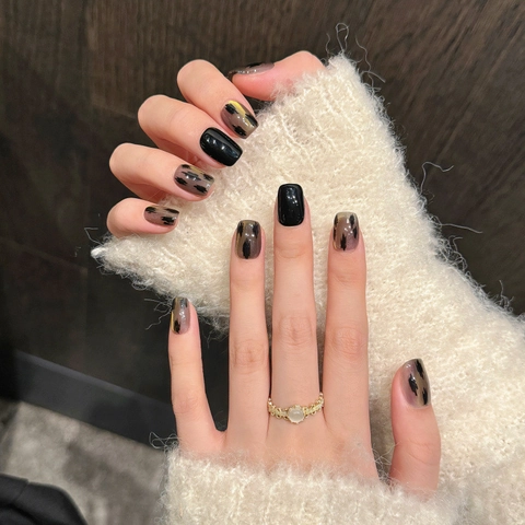 Handmade Cat Eye Press On Nails Short Square Round Black Gold Ombre Leopard Four-pointed Star Pattern Fake Nails For Women