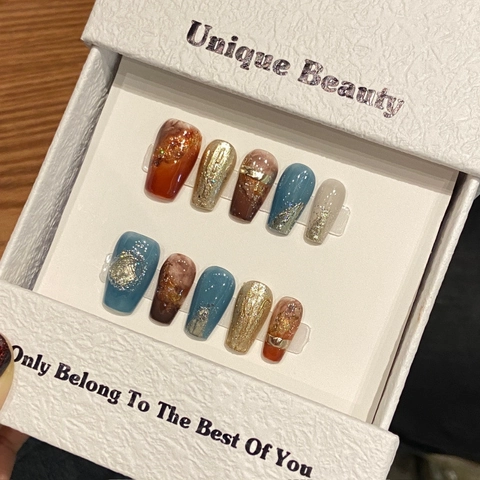 Handmade Vintage Press On Nails Short Coffin Maillard Brown Blue Marble Smudge Design Golden Foil Star Elegant Fake Nails
