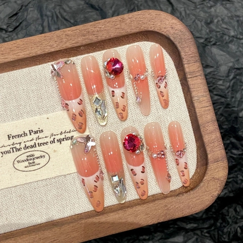 Uñas Postizas a Presión Hechas a Mano Estampado de Leopardo Largas Almendra Stiletto Ojo de Gato Con Decoración de Strass Mujer
