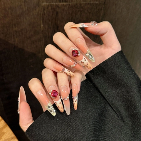 Uñas Postizas a Presión Hechas a Mano Estampado de Leopardo Largas Almendra Stiletto Ojo de Gato Con Decoración de Strass Mujer