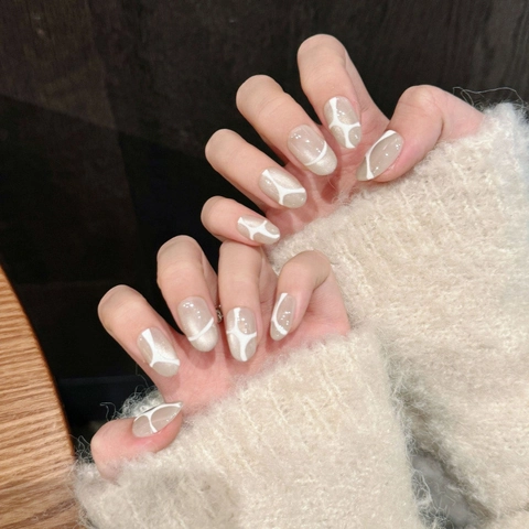 Champagne Gold Cat Eye Press On Nails With White Artistic Lines Modern Minimalist Oval Shape False Nails For Women Daily Decor