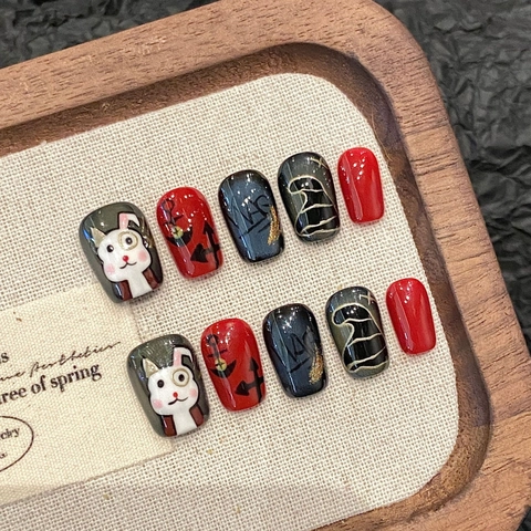 Uñas Postizas a Presión Hechas a Mano Conejo Animado Resina Brillante Rojo Negro Lámina de Oro Diseño para Mujer Fiesta