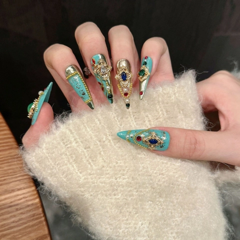Luxe Barok Handgemaakte Plaknagels Stiletto Vorm Turkoois Goud Strass Kunstparel Bruiloft Feest Nagels Set