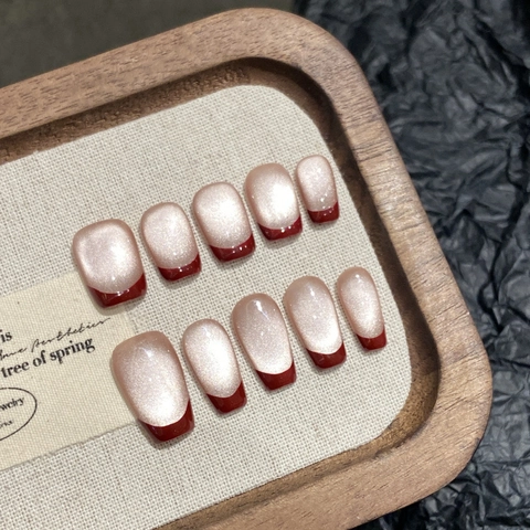 French Wine Red Cat Eye Handmade Press On Nails Reusable Fake Nails For Women New Year Christmas Festive Atmosphere Elegant Manicure