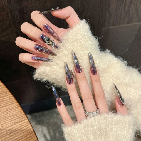 Handgefertigt Sternenklare Katzenauge Nägel Zum Aufdrücken Mit Strass Schleife Und Kette Lange Grau Blau Falsche Nägel