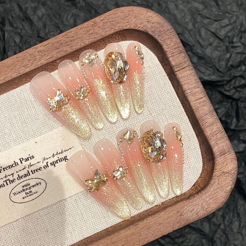 Faux Ongles à Presser Stiletto de Luxe Faits Main pour Mariage Rose Nude Or Oeil de Chat Papillon Strass pour Femme